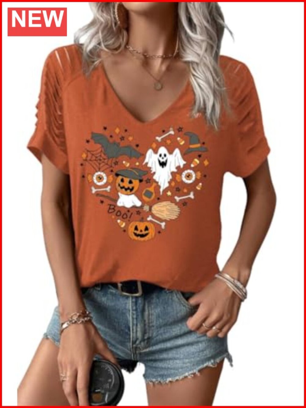 MHTOR Women's Halloween Graphic Tee Cut Out Cold Shoulder V Neck Short Sleeve